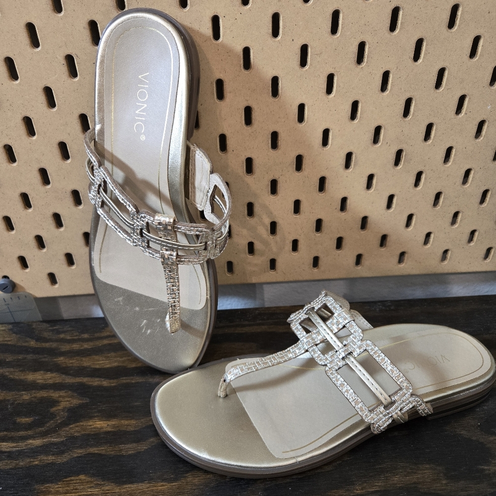 Vionic Gold Jeweled T-Strap Slip-On Sandals